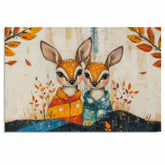 Whimsical Painting of Two Adorable Baby Deer in Colorful Pajamas Surrounded by Autumn Leaves and Nature-Inspired Background in Warm Fall Tones on Ready to Hang 1.5" Thick Canvas Wrap, Floating Framed Canvas, Flat Rolled Canvas